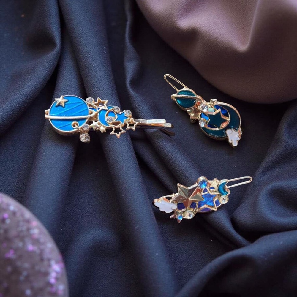 Blue and Gold Celestial Hair Clips